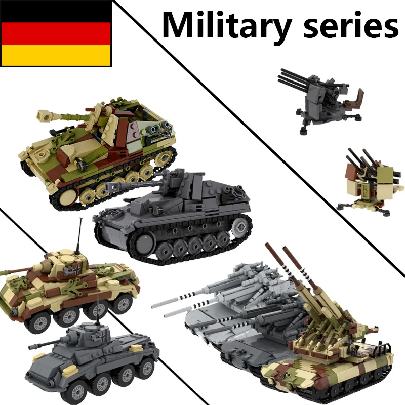 MOC WW2 Military Tank Building Block Car Vehicals Antiaircraft Gun Armored Car Weapon Germany Army Accessory Bricks Toys Gifts