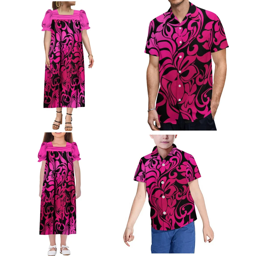 Customized Family Set Women'S Mumu Floral Print Dress For Casual Wear Men'S Short-Sleeved Pocket Shirt With Soft Fabric Clothing