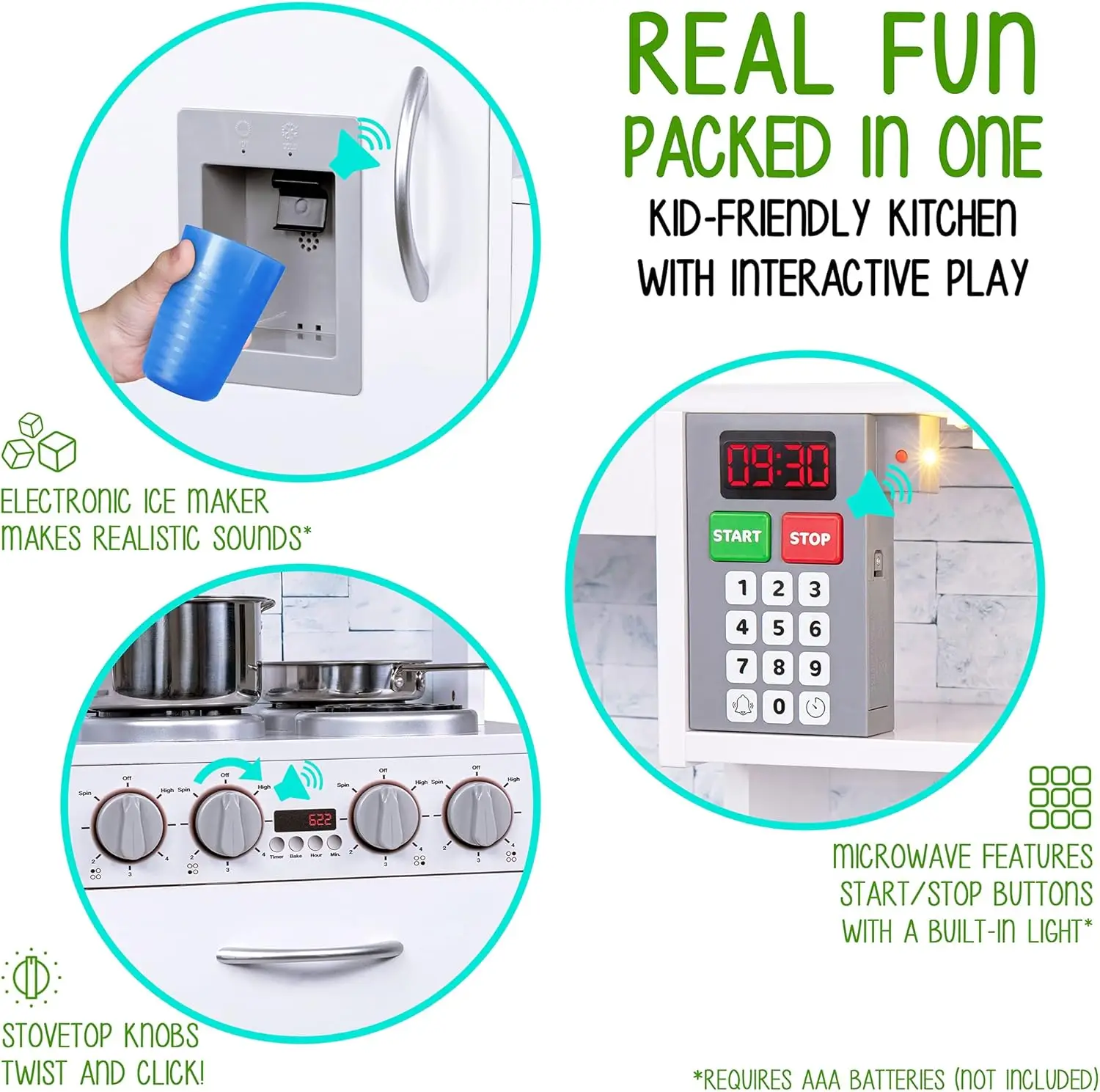 Kids Kitchen Set, Pretend Wooden Play Kitchen, Battery Operated Icemaker & Microwave with Realistic Sound, Pots & Pan Included -