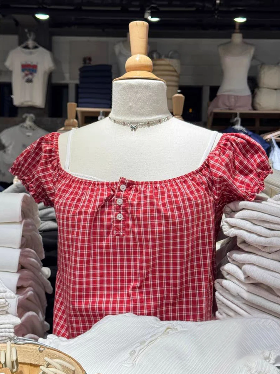 

Vintage Red Plaid Crop Top Woman Summer Buttons Scoop Neck Short Puff Sleeve Blouse Tee Streetwear Sweet Cute Cotton Tshirt Y2k
