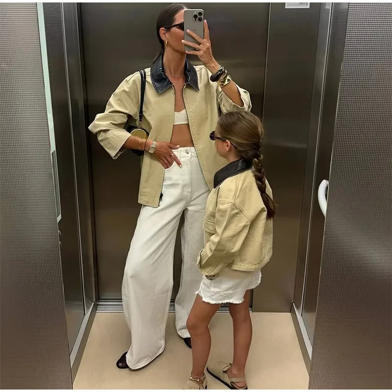 Cross border europeo e americano 2025 Autunno Nuovo prodotto Colletto in pelle PU allentata da donna Splicing Moda casual Top versatile