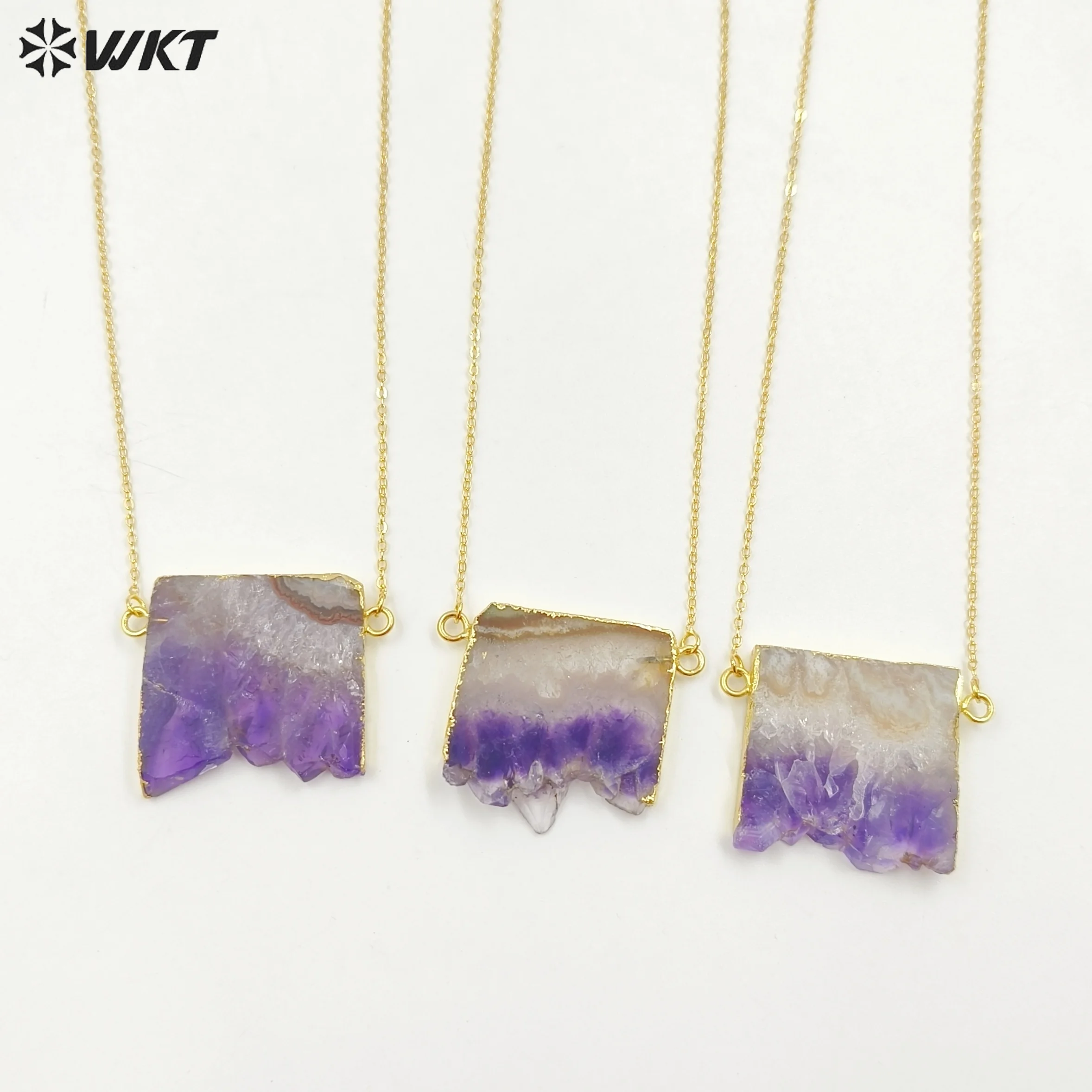 

WT-N121 Amazing Unique Slice Natural Druzy Amethyst Stone Necklace With 18K Gold Plated on Trim Energy Gemstone Pendant