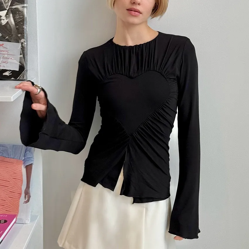 Women's Long-sleeve Blouse Crop White Flared Round Neck Blouses Black Ruffle Solid Color Top Heart Shape Cutout Ruched Detail - view 5