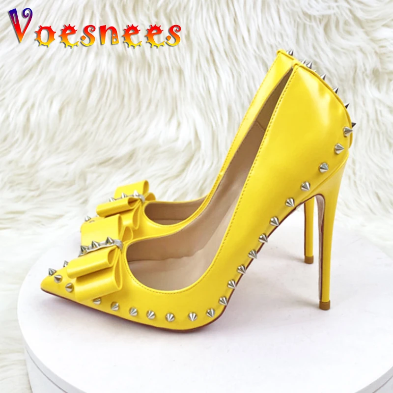 

Plus Size Women Pointy Toe High Heels 2023 New Fashion Bow Summer Party Shoes 12CM Metal Rivets Slip On Stiletto Pumps Yellow