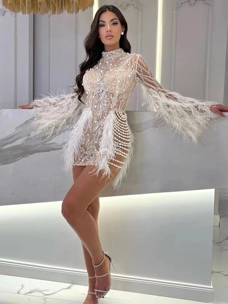 VC Luxury Dress For Women Elegant And Pretty Feathers Sequins Long Sleeves Prom Short Dress