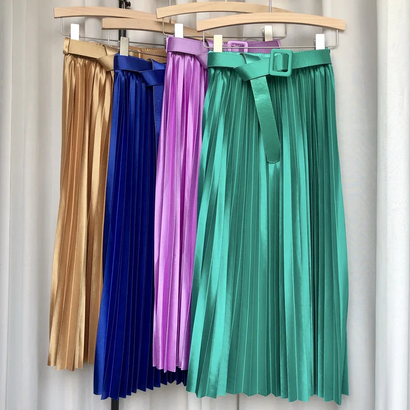 

18-color Spring Summer Satin Pleated Skirt Pure Color Drape High Waist A-line Skirts Women Pearlescent Belted Long Skirt Elegant