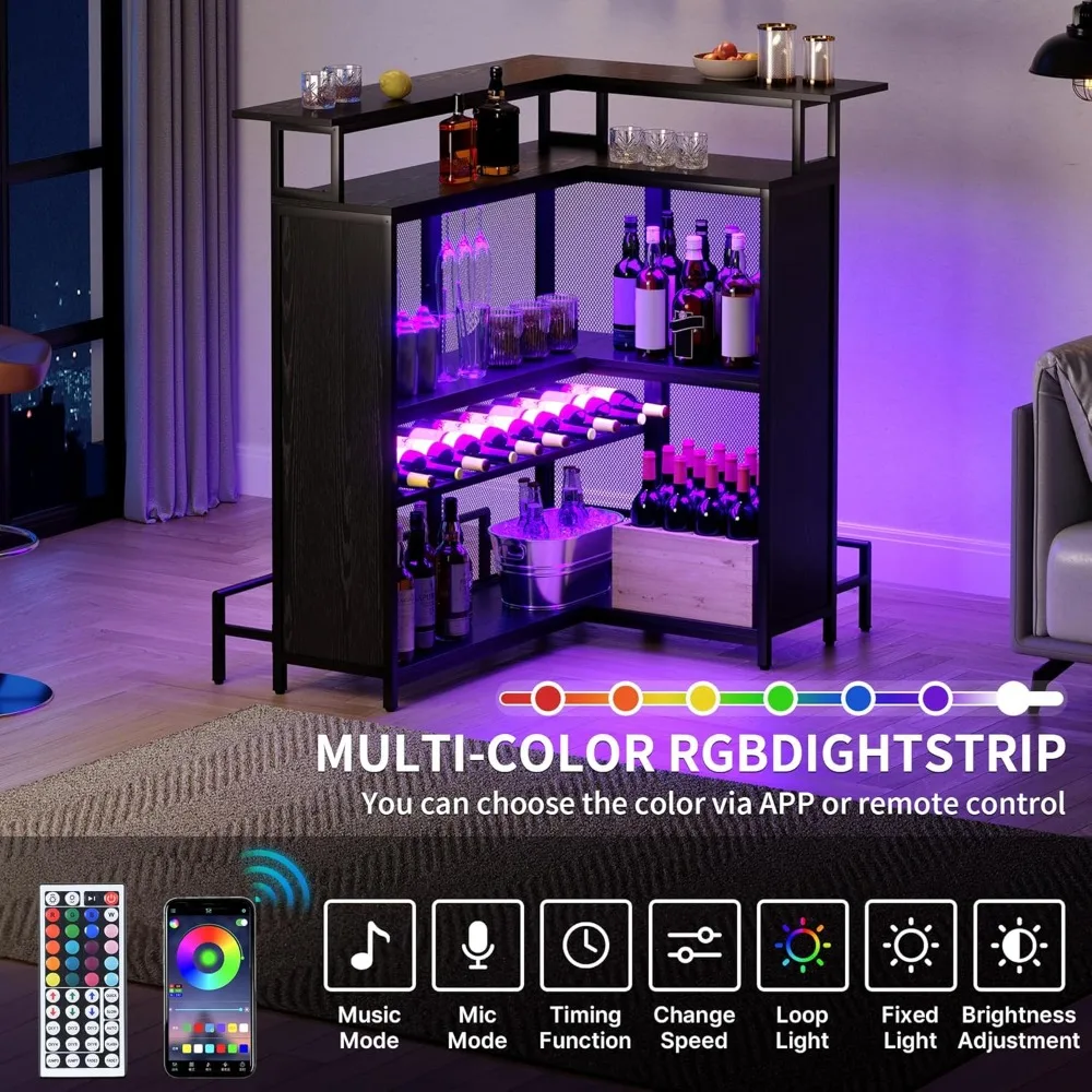 L-shaped Mini Home Bar Counter with Music-sensing LED Lights, Wine Rack, Glass Rack, and Footstool