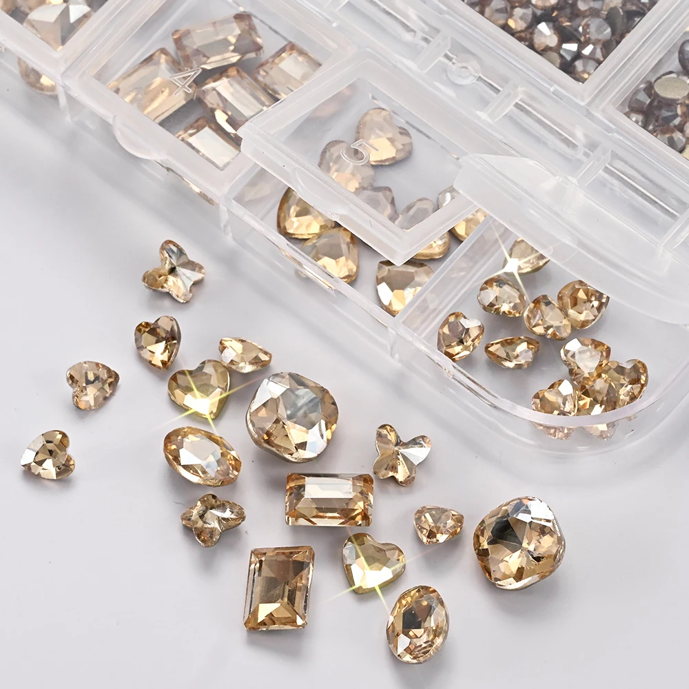 12 شبكة بني فاتح أحجار الراين لخريف مسمار الفن ثلاثية الأبعاد مربع القلب البيضاوي الماس الزجاج الأحجار الكريمة لتقوم بها بنفسك مانيكير زينة لوازم