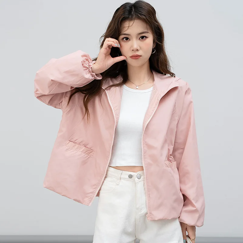 Sunscreen Clothes Women's Summer Coat New Mesh Lined Jacket Hooded Short Top Cardigan Outdoor Sports Jacket Female Windbreakers