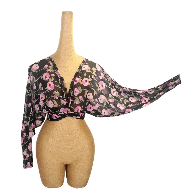 

Latin dance practice tops high-end printed sexy V-neck long sleeved top adult tango chacha samba professional training clothing