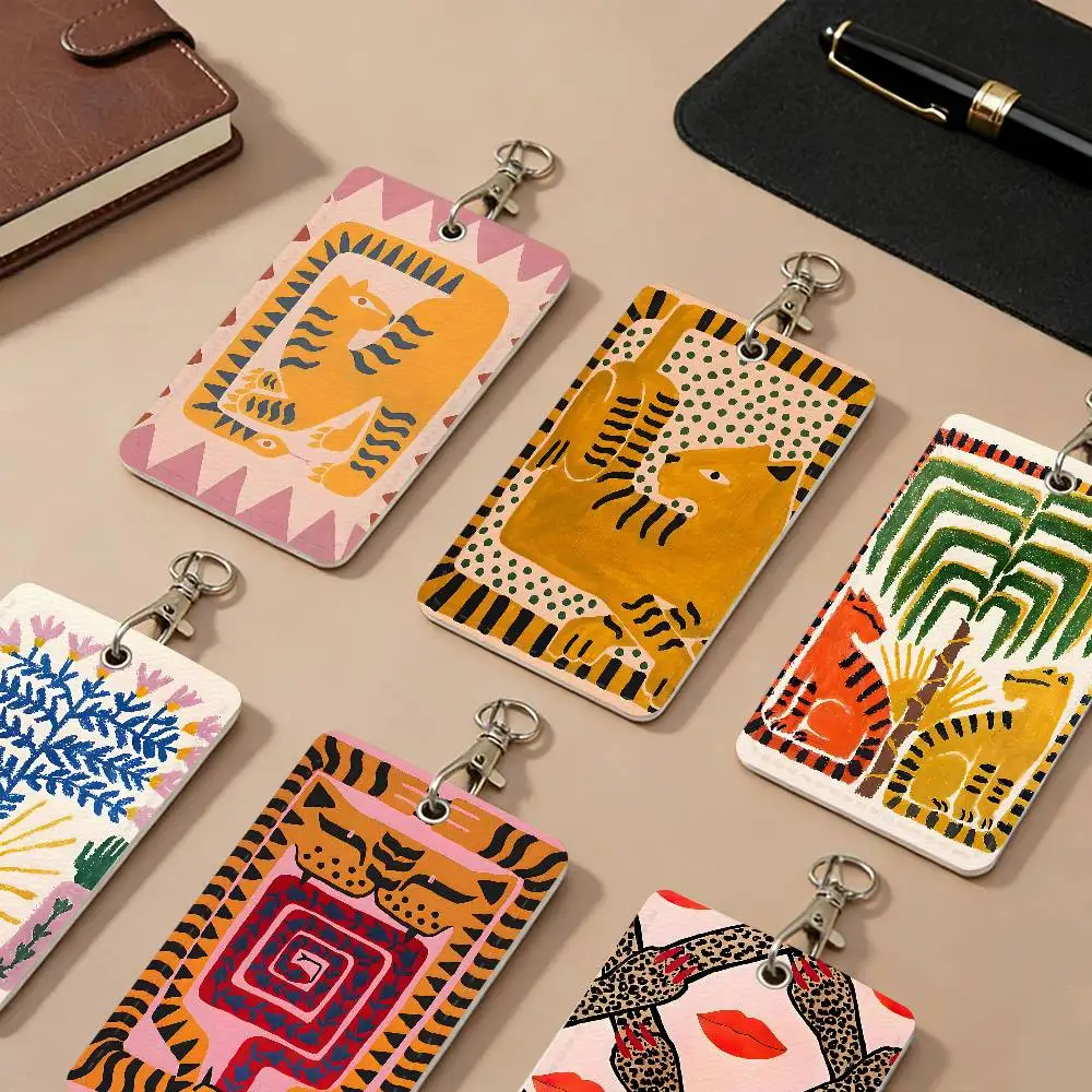Nordic Style Colorful Abstract Ancient Egyptian Tiger And Leopard PU Leather Card Holders Anti-lost Protective Cover Cases Cards