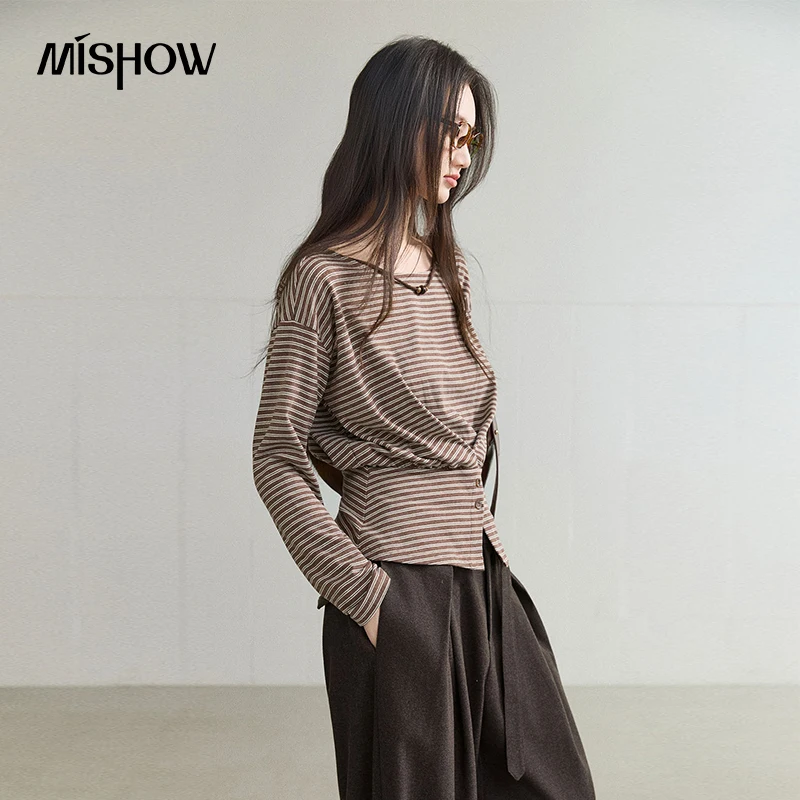MISHOW Korean Striped Knit Long Sleeve T-shirt 2026 Autumn Bead Neckline Twisted Waist Tees Slim Casual Fashion Tops MXF44T3181 image 3