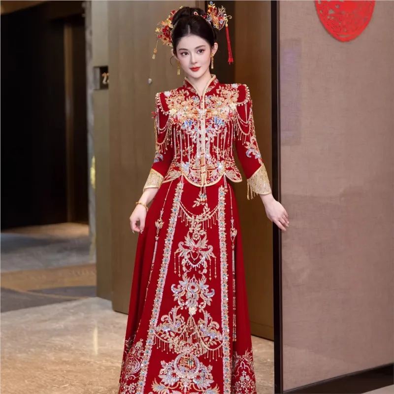 

New velvet wedding dress for brides Chinese-style toasting heavy industry