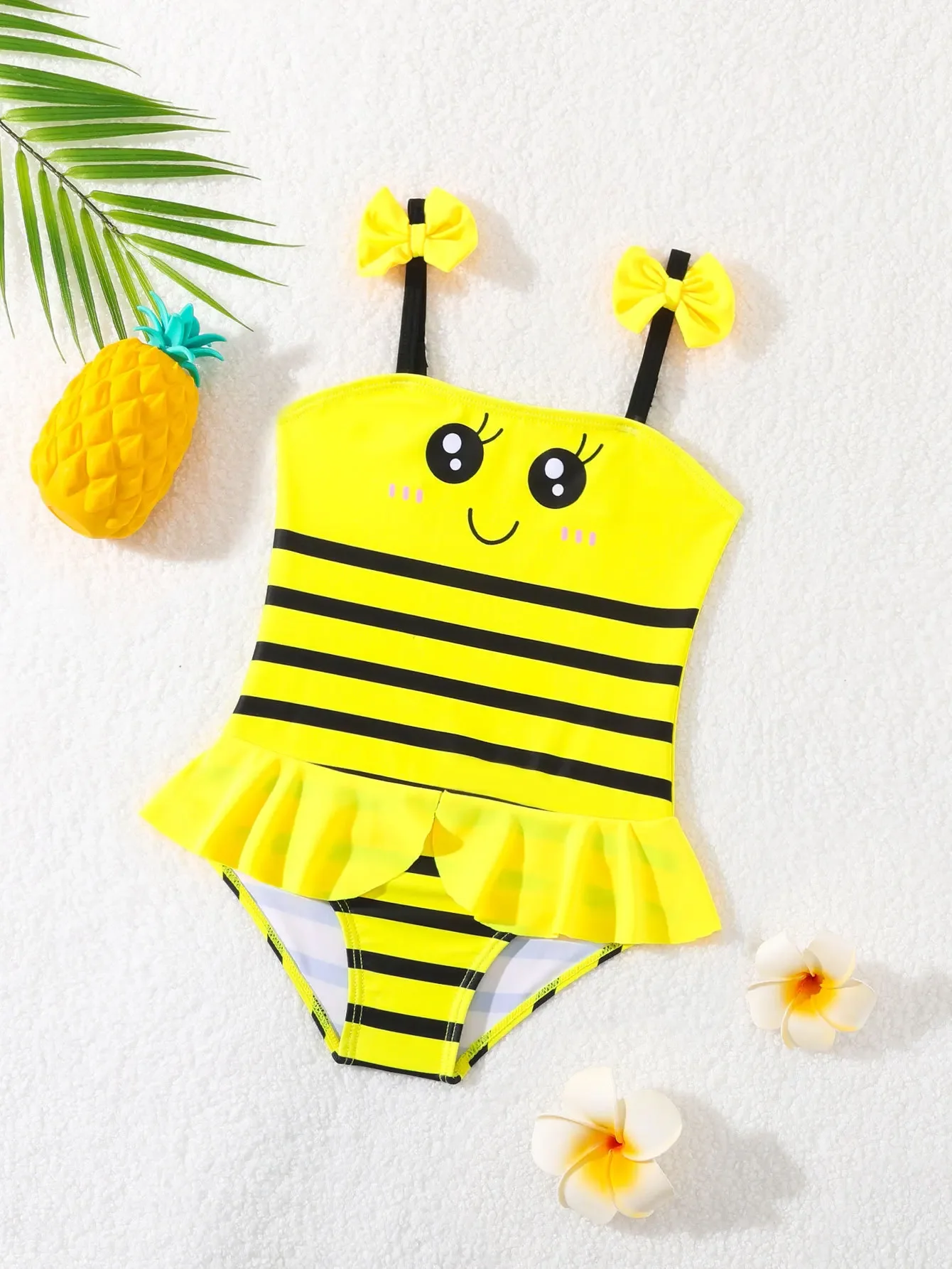 Girls Swimsuit Bee Print One Piece Bathing Suit Swimwear Toddler Beachwear Yellow Floral Swimsuit Kids Swimming Suit 80-110