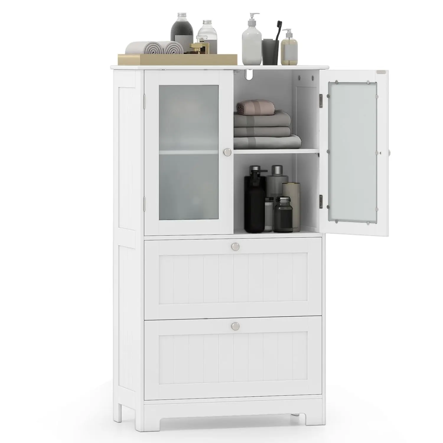 

Floor Cabinet 2 Frosted Glass Doors 3-Level Shelf 2 Drawers Bathroom Kitchen Entryway White Customized