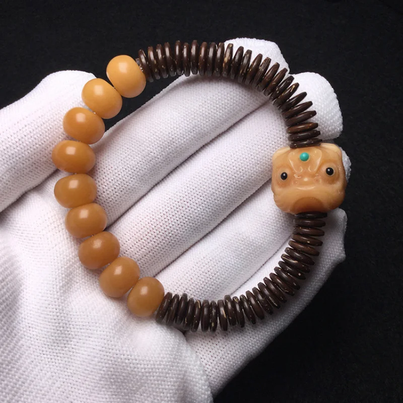 Couple's coconut shell bracelet with weathered Bodhi root and apple beads, lion baby Buddha vintage style, 8mm, for men an
