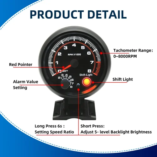 Imagen 2 del producto Tacómetro Universal para coche, tacómetro de 0-8000 RPM con luz de cambio, tacómetro para 1-8 cilindros, vehículo de carreras de 12V
