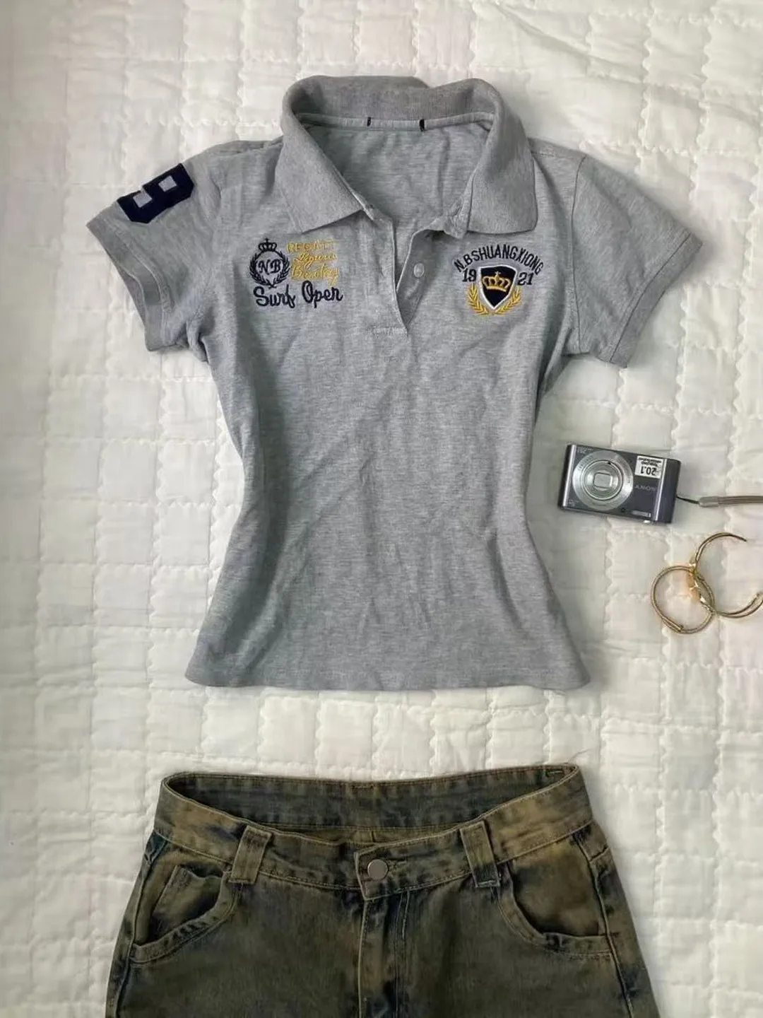 

Retro American ey Collar ort Sve T-irt Women's Summer Slim Fit Waist Cinching Top Vintage Sle Faion