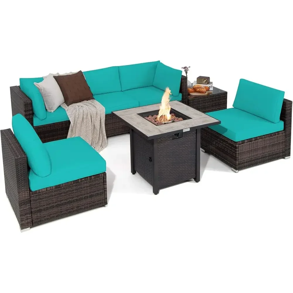 

7 Piece Patio urniture Set with ire Pit Table, PatioOutdoor PE Wicker Contion Sectional Soa Set with 30 Inches 50,000 Propane ir