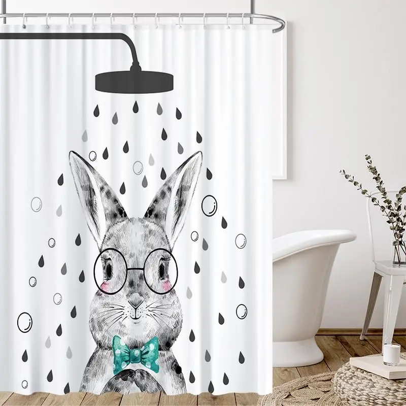 Easter Shower Curtain Cute Bunny  for Bathroom Minimalist Sketch Cartoon Rabbit Farmhouse  Waterproof Set Decor