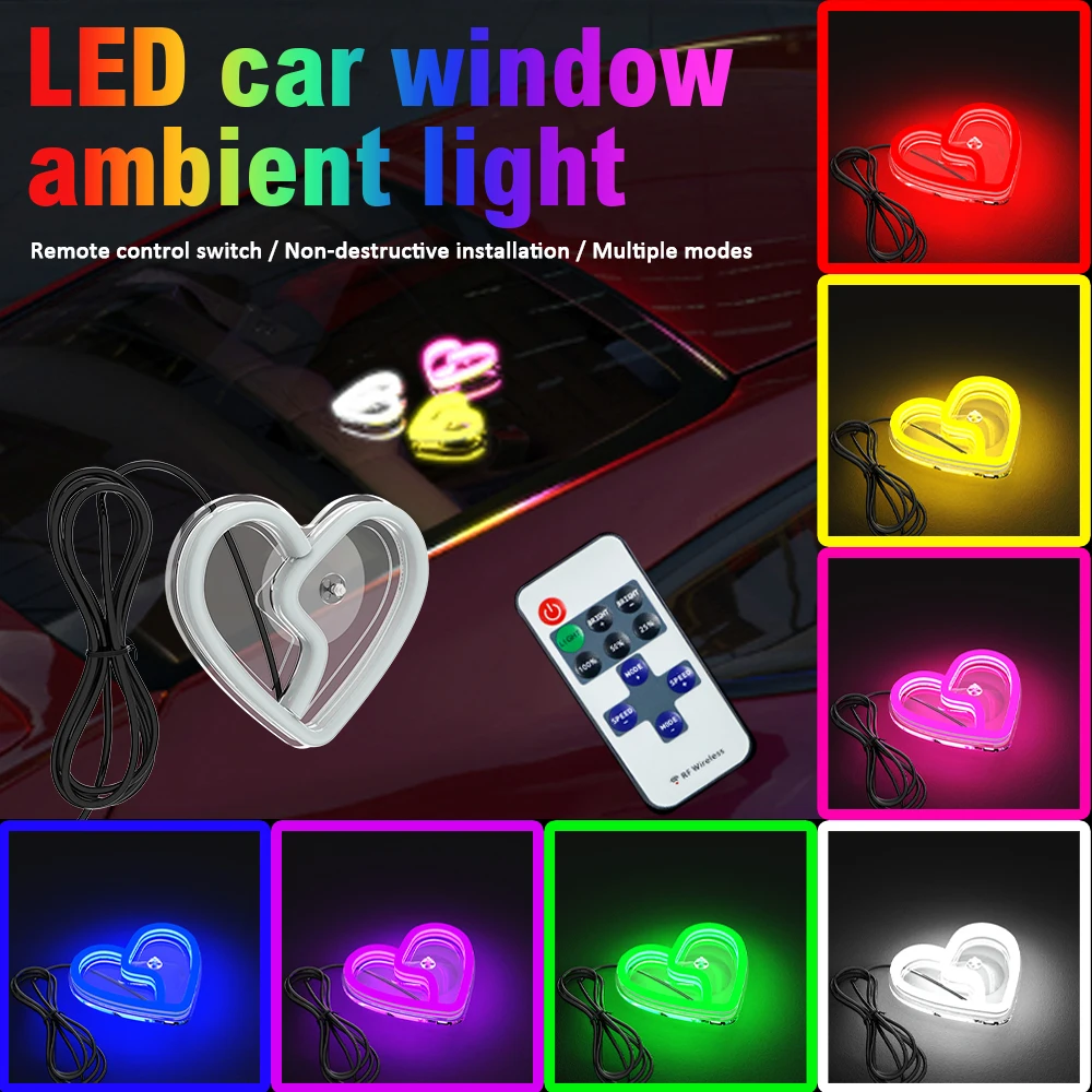 LED Window Automobile Lights for Car, Neon Lights Car Decoration, Glowing Heart Atmosphere Lights USB Wiring, Interior Decoratio