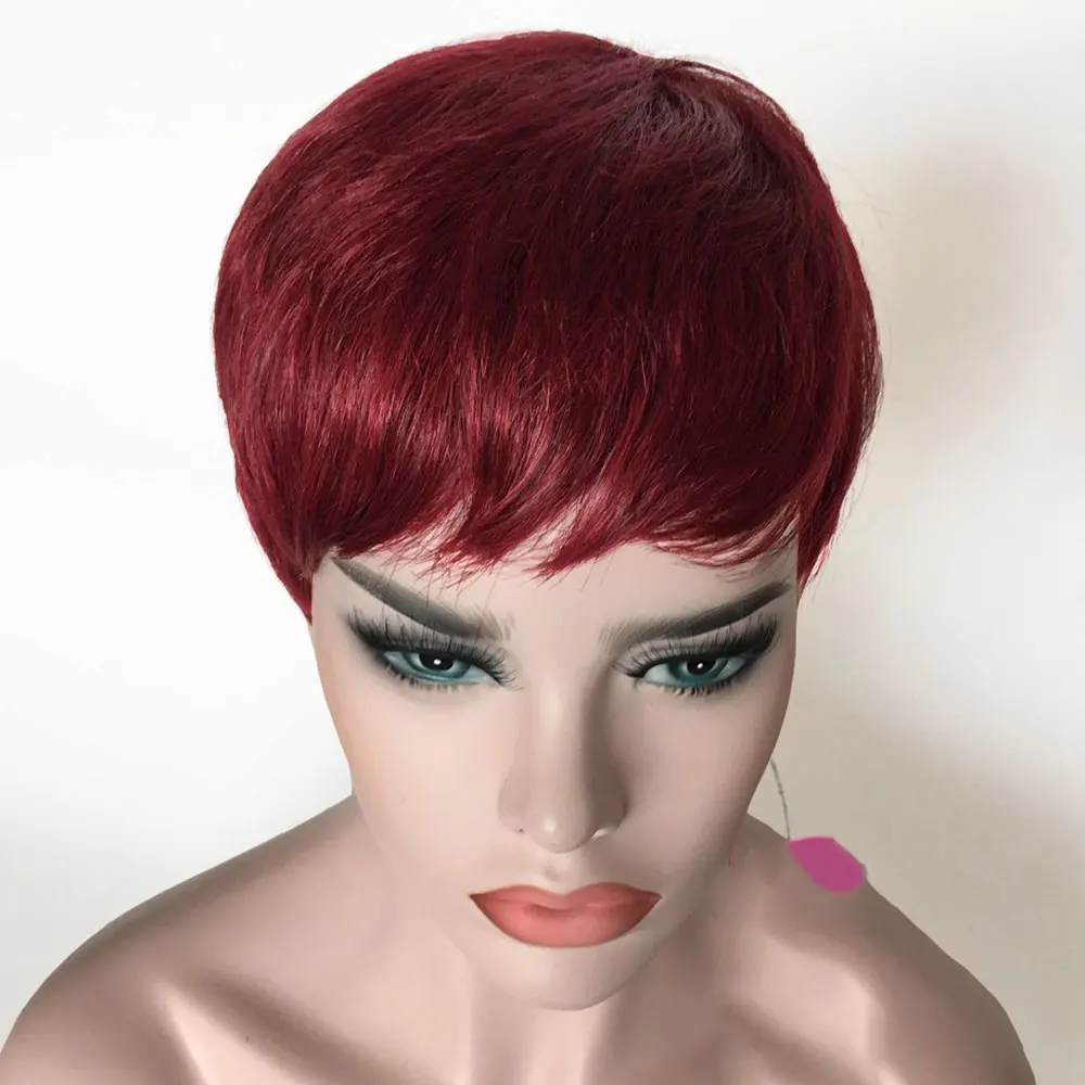 99j Color Dark Burgundy Red Human Hair Wigs for Women Short Pixie Cut Wigs with Bangs Layered Boy Cut Duby Wig Machine Made image 2