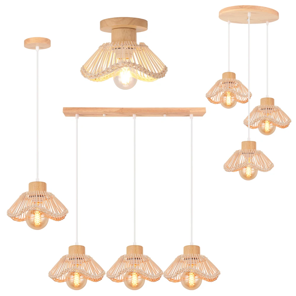Hand-Woven Bamboo Rattan Chandelier Vintage Wood Pendant Light Wicker Hanging Lamp Ceiling Chandelier for Living Room Bedroom