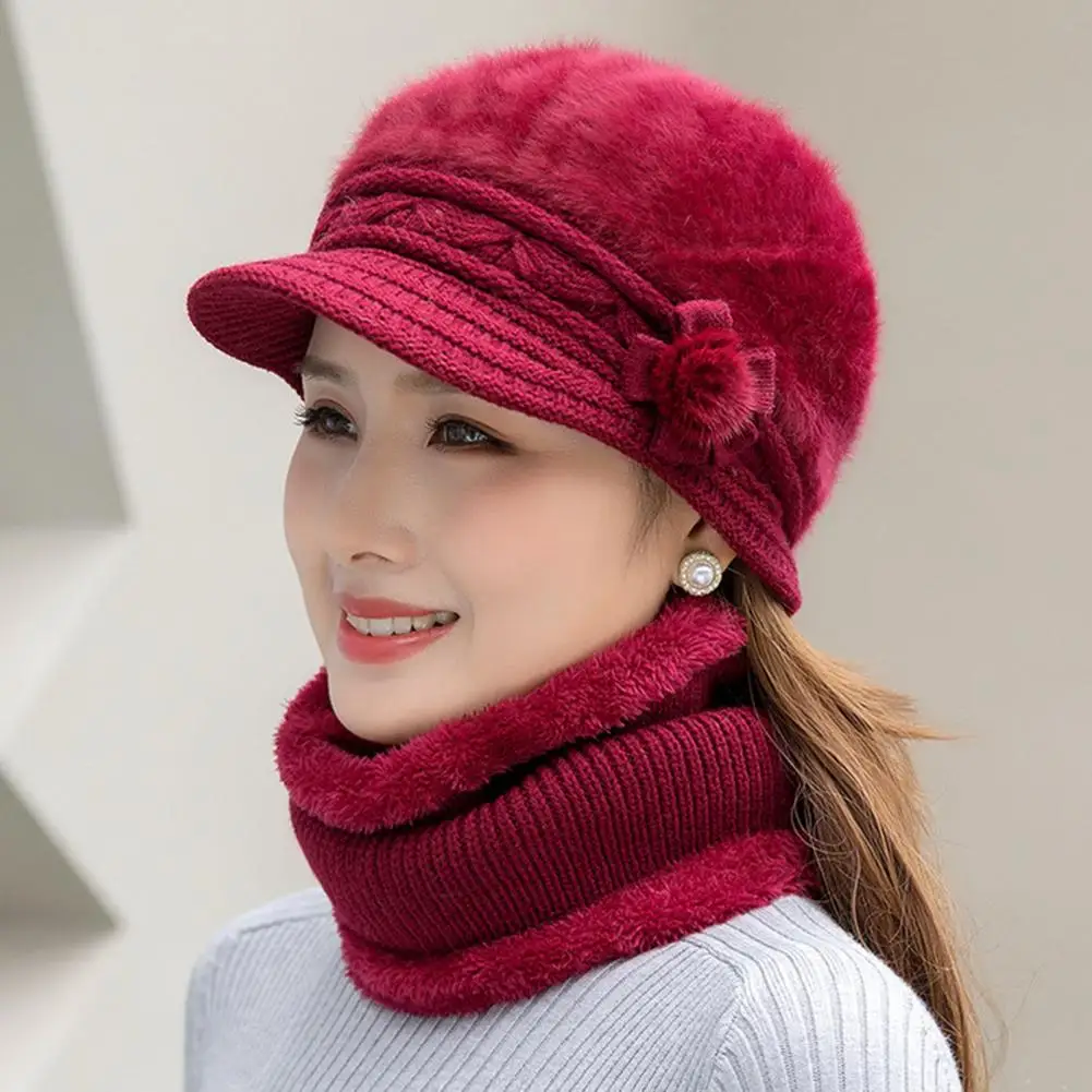 2Pcs Autumn Winter Beanies Caps Neck Warmer Knitted Peaked Flower Pompom Decor Thermal Middle-aged Women Knitted Hat Scarf Set