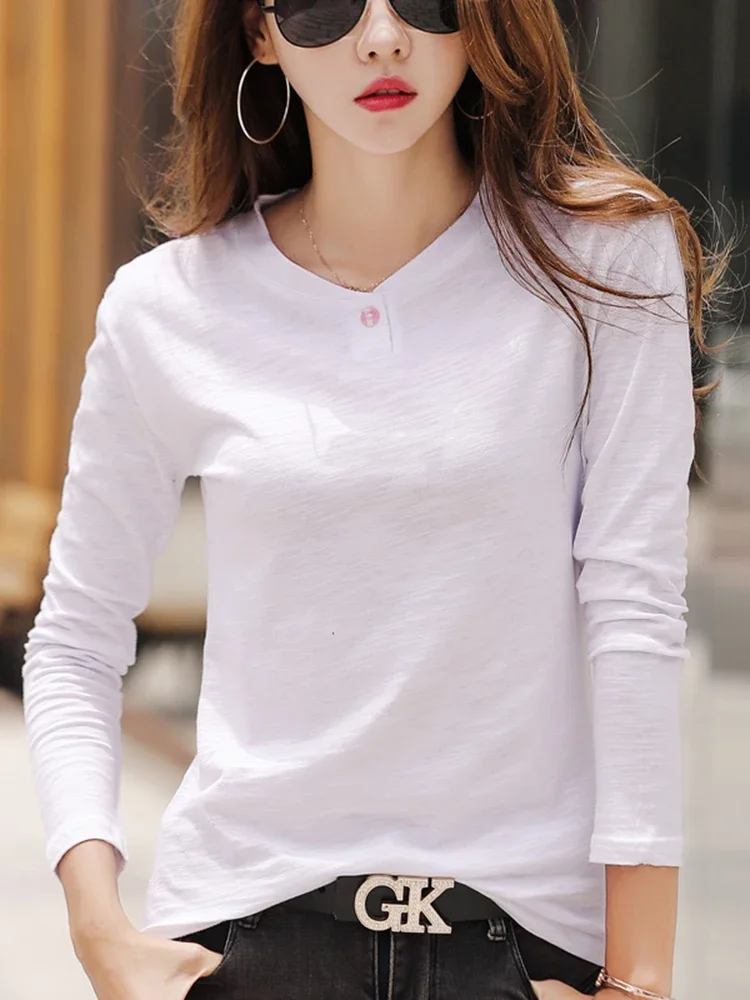 2025 Coffee Korean Soft Loose Tops Long Sleeve Autumn Winter Women Slub Cotton T Shirts Female Button V-Neck Solid Color T-shirt