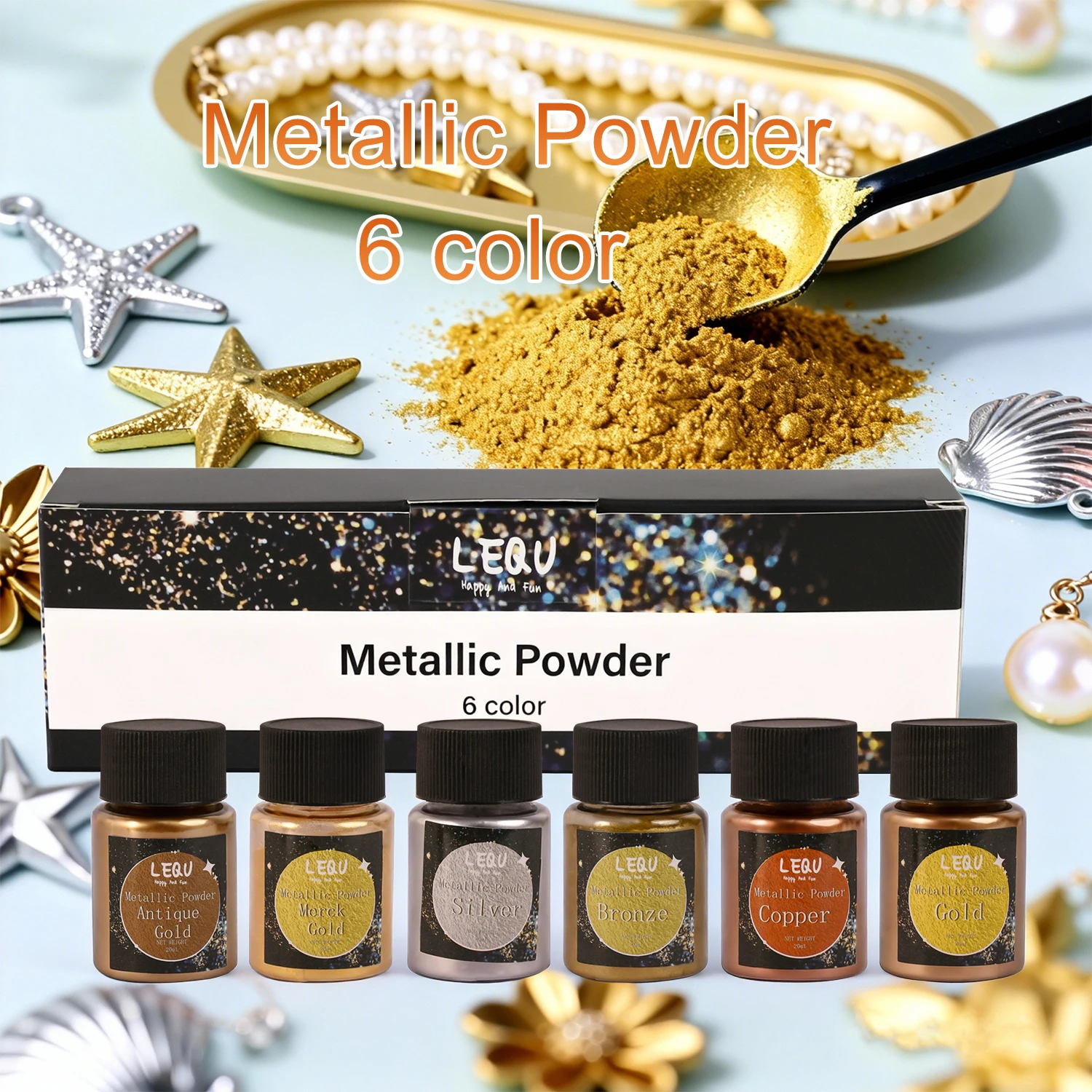 6-farbiges Metallpulver und Glimmerpulver, geeignet für Epoxidharzguss, Tonarbeiten und DIY-Schmuckherstellung.