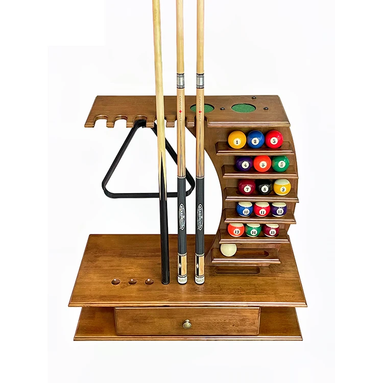 Pool-Queue-Rack für bis zu 6 Stäbchen und Billardzubehör. Bodenständer Pool Queue Holder aus massivem Hartholz
