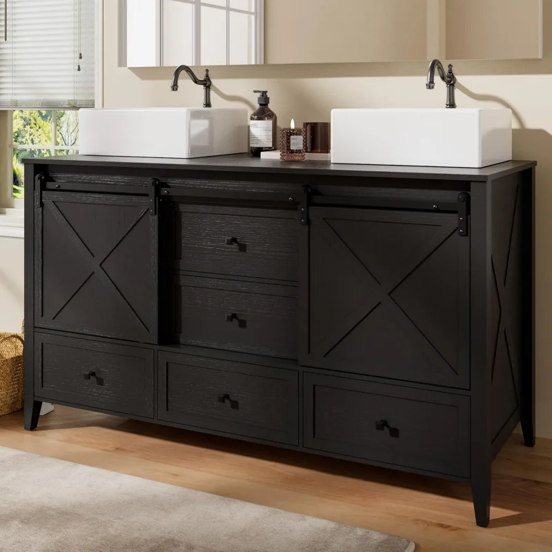 

2026：60 Inch Bathroom Vanity Double Sink Ceramic, Freestanding Cabinet with 2 Farmhouse Sliding B