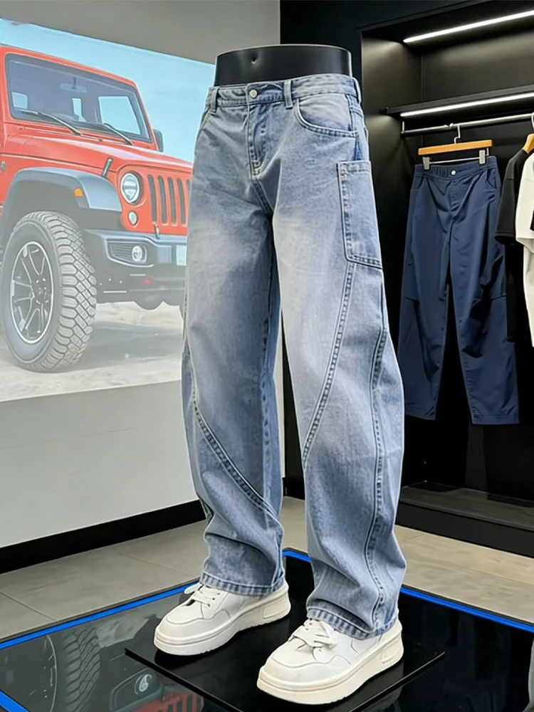 

Светло-голубые мужские джинсы с изогнутым кроем, повседневные, универсальные, деконструированные, в стиле High Street, широкие, американские рабочие брюки