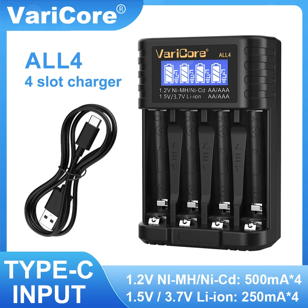 شاحن بطارية صغير مريح من VariCore ALL4 AA/AAA مكون من 4 فتحات لـ 1.2 فولت Hi-MH و1.5 فولت/3.7 فولت ليثيوم أيون مع شاشة LCD