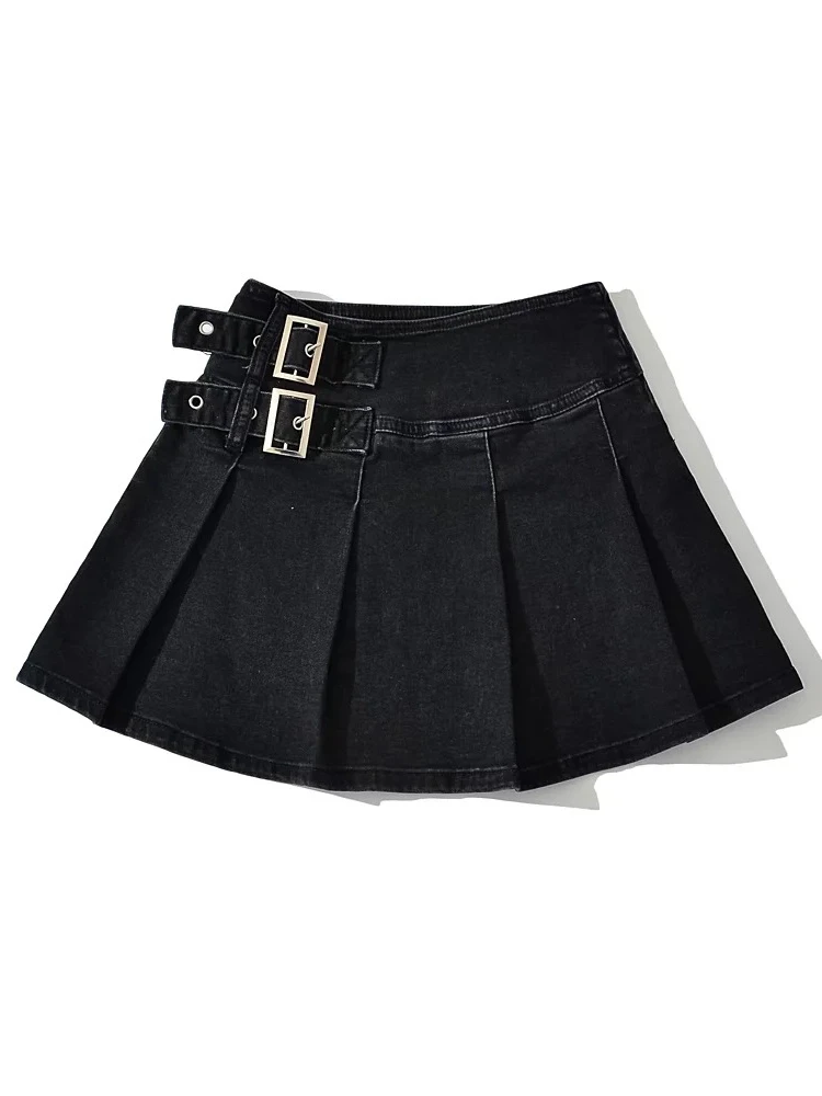 2025 Summer New TARUXY Denim Y2k Skirt with Pleats and Belt 90s E-girl Korean Skirts For Women High Street Jeans Short Bottom