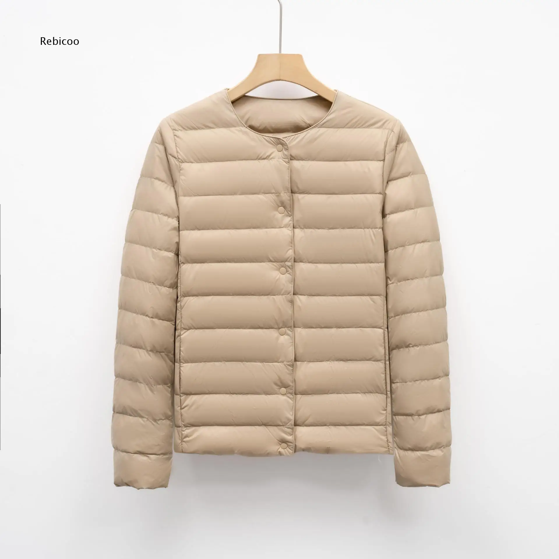 Collarless Light Down Jacket For Women Snap Button Front Closure Portable Style For Travel Commuting And Home Occasions