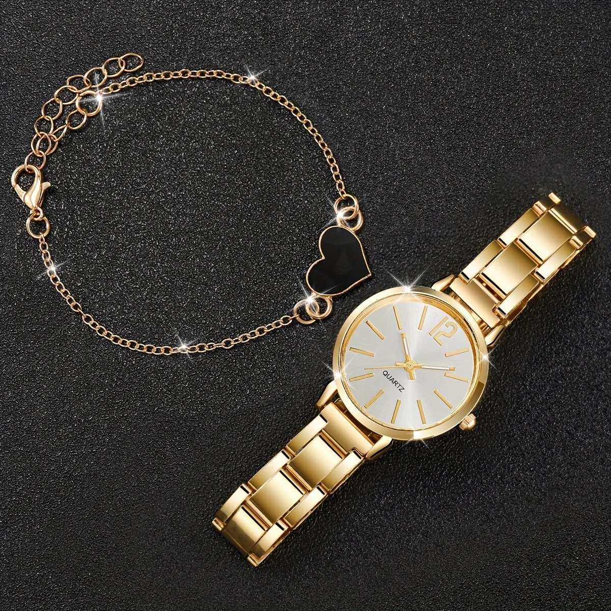 2 Stuks Zakelijke Mode Quartz Horloge Elegant Gouden Polshorloge & Hart Bedelarmband Set R Geschenken Voor Eid