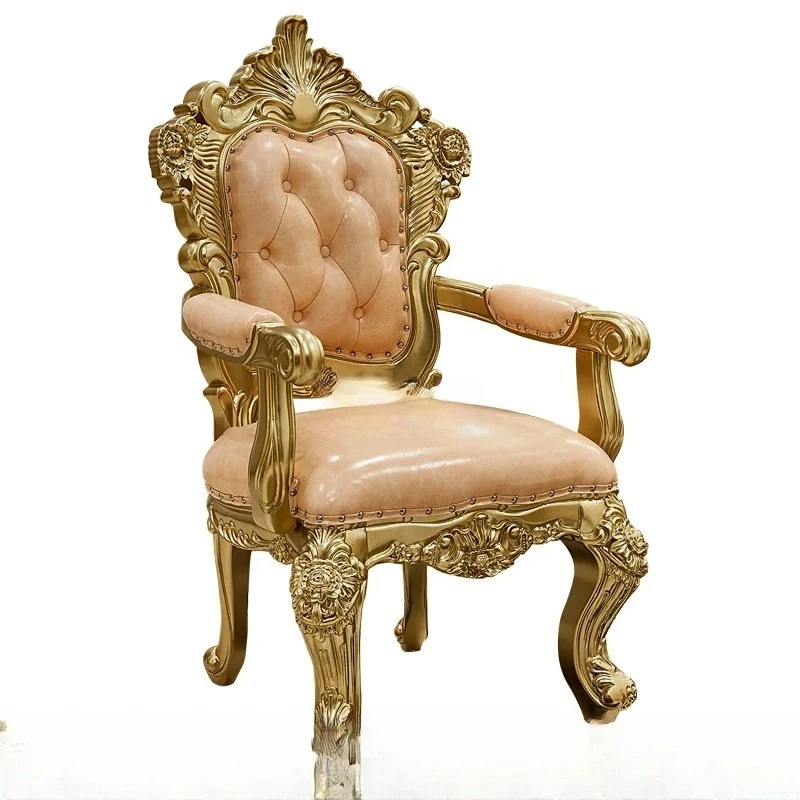 

LH European dining chair solid wood double-sided carved first layer cowhide leather with armrest back seat