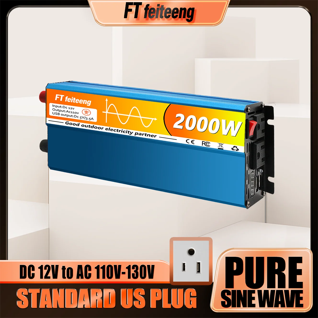 FT feiteeng 1000W 1500W 2000W محول طاقة موجة جيبية نقية 12V إلى 110V مع قابس أمريكي و2 USB - للمركبات الترفيهية والطاقة الشمسية والتخييم #1