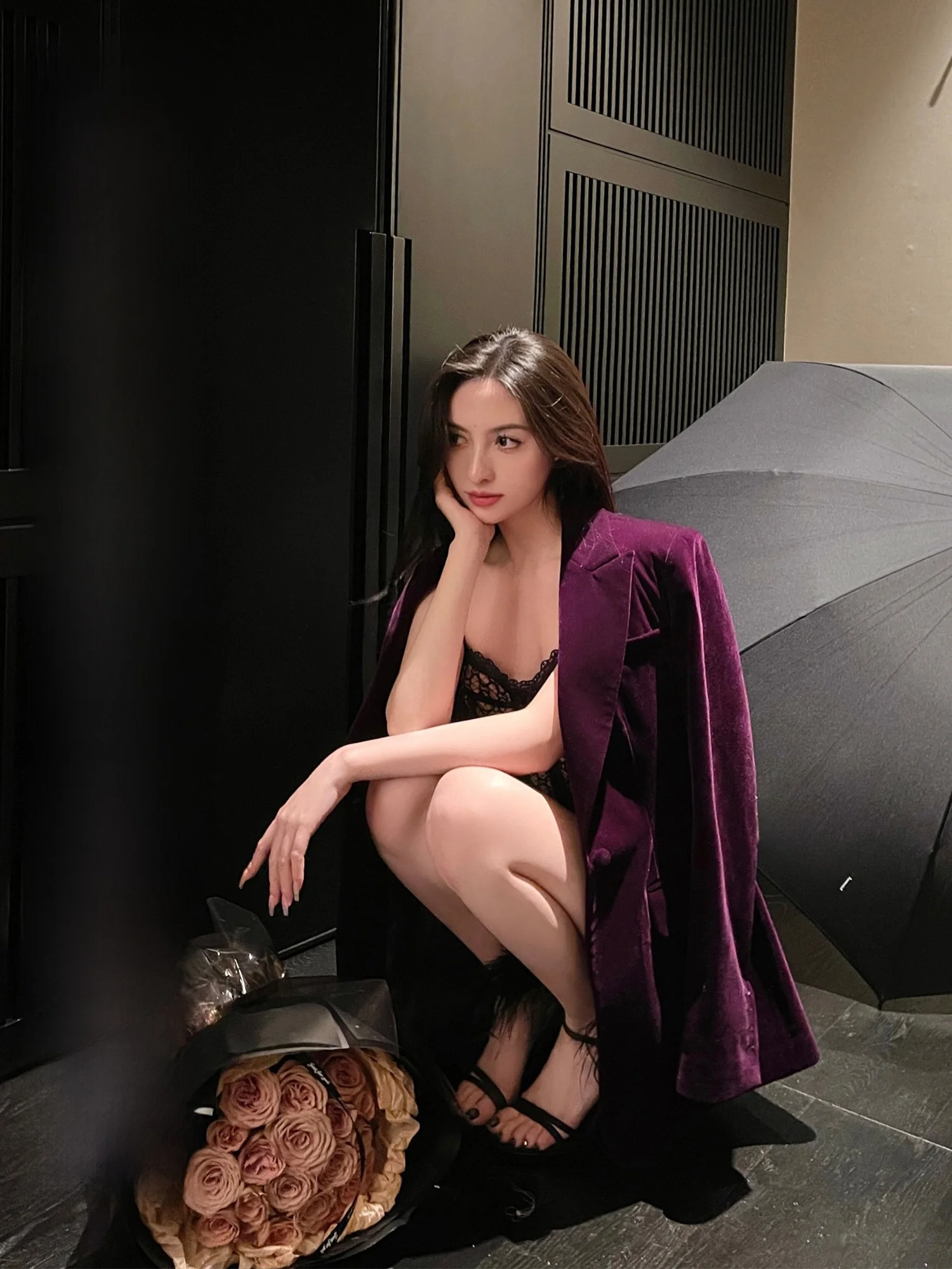 

Original Fay Velvet Suiting Women's Mid-Length Jaet Versatile ape Purple Color Busin Casual Sle Long Sve Loose Fit