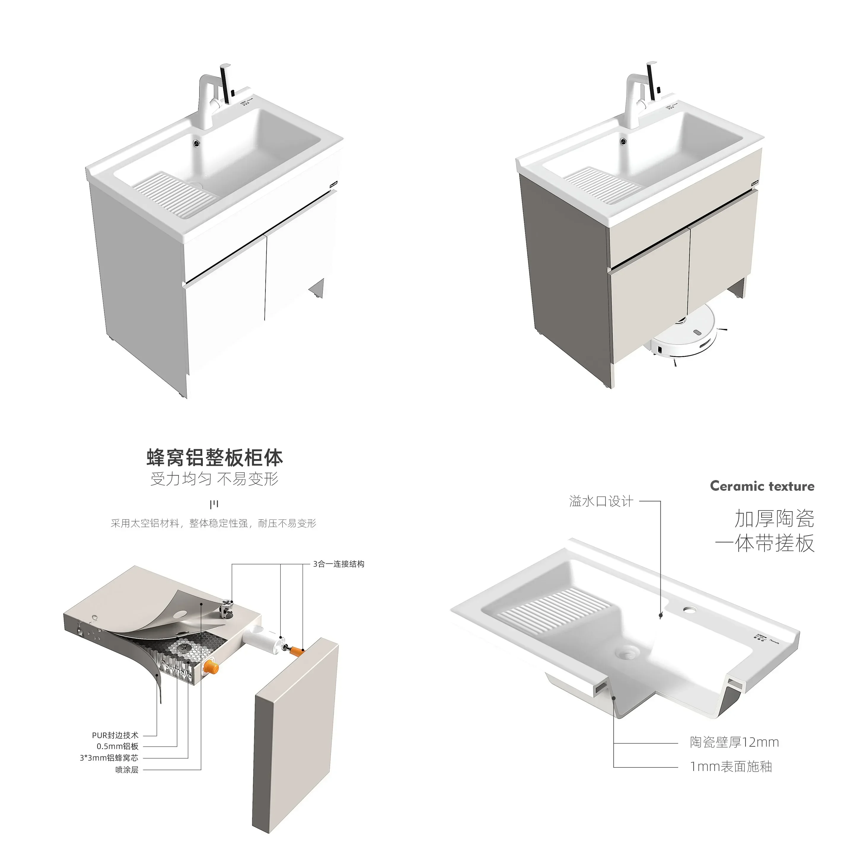 Gb BJ New Ceramic Laundry Sink Combo With Honeycomb Aluminum Scrub Board, Balcony Washing Cabinet With Faucet And Storage