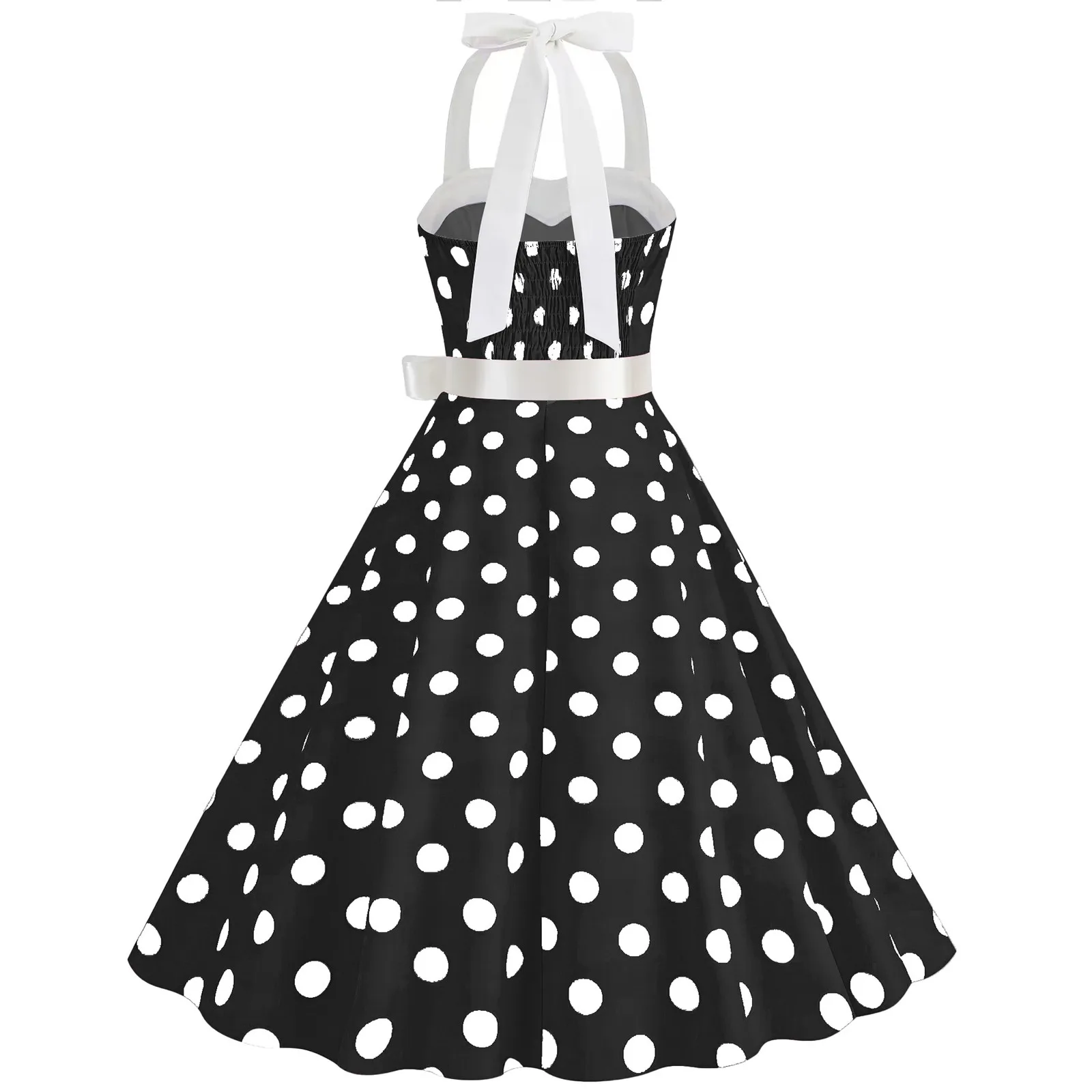 Women's Vintage Polka Dot Summer Dress elegant French retro Party long dresses Lace-up Backless Set Neck Big Swing Puffy Dress