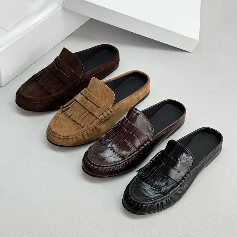 

Dave&di Minimalist Women's Shoes 2026 French Genuine Leather Tassel Loafers For Women Vintage Vintage Commuting Shoes Mule Shoes