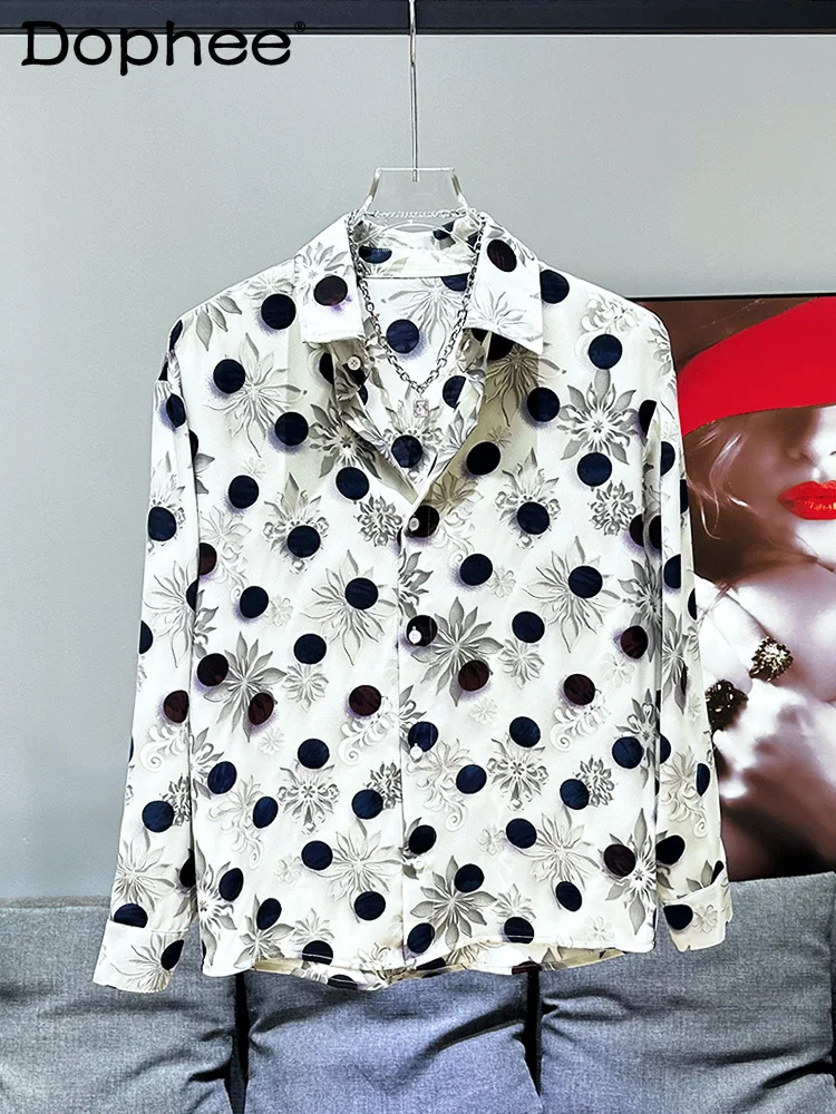 

Fashion Casual Trendy Male Chic Tops High-end Printed Polka Dot Flower Shirt 2024 Autumn New Versatile Men's Long-sleeve Shirt