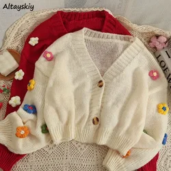 Cropped Cardigan 3D Flower V-neck Kawaii Retro Design All-match Mujer Sweater Tender Girlish Aesthetic Fall New Arrival Ulzzang