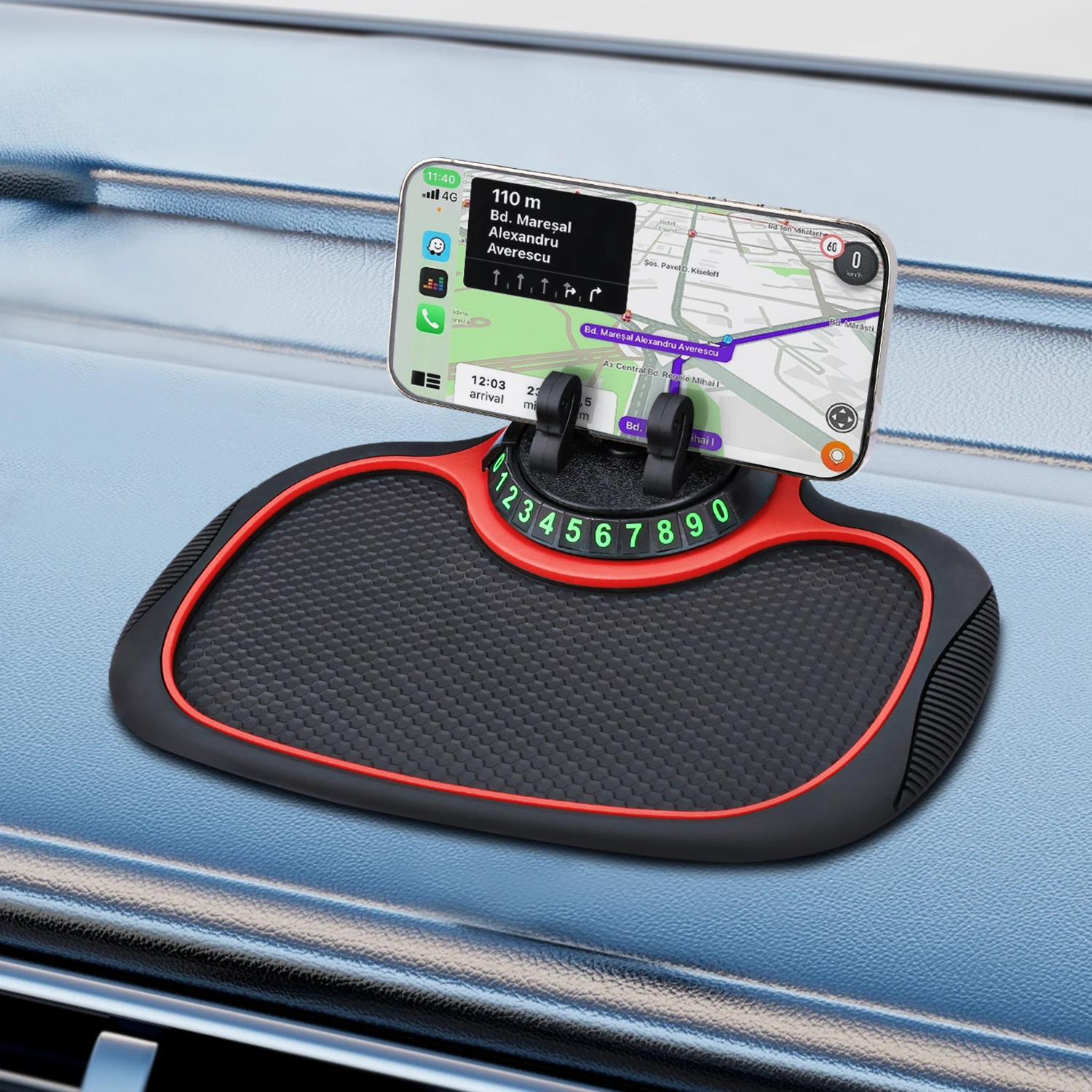 3-in-1 Car Non Slip Mat Phone Holder Dashboard 360° Rotatable Cell Stand Parking Number Plate Car Interior Storage Accessories