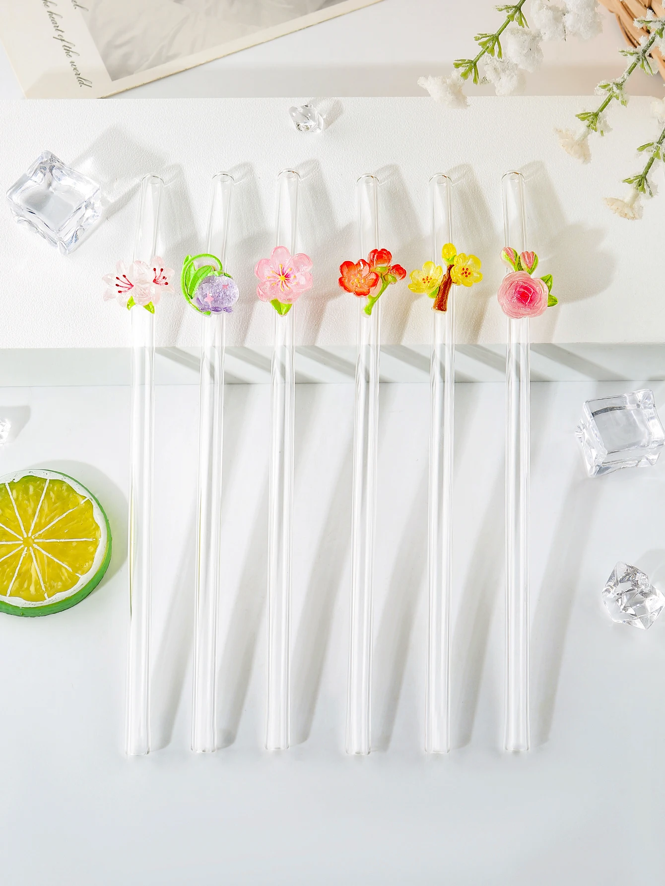 6PCS Floral Combo Glass Straws,Reusable Curved for Coffee, Milk Tea, Juices, Smoothies, Hot/Cold Drinks. Perfect for Parties view 3
