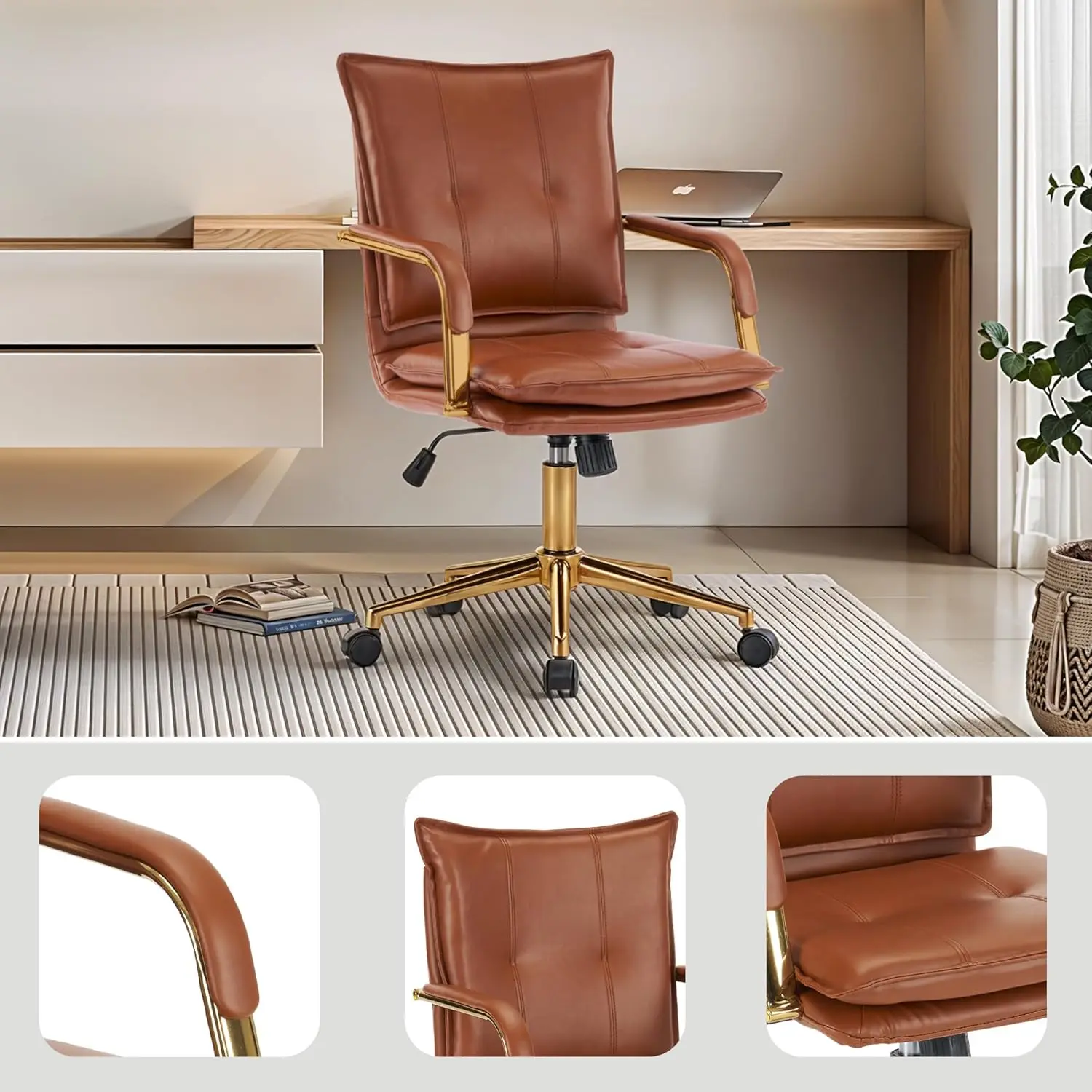 Mid-Back Ergonomic Leather Office Chair, Gold Frame Executive Task Chair (Caramel)