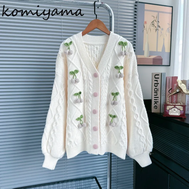 

Кардиган 3d Cherry Twist, японский ленивый стиль, женский свитер 202, осенний свободный однобортный кардиган Ropa Mujer с v-образным вырезом, одежда