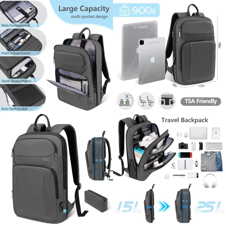 

Backpack for Men Slim and Expandable Travel Laptop Backpack with USB Charging Port Water Resistant Anti-Theft Business Backpack